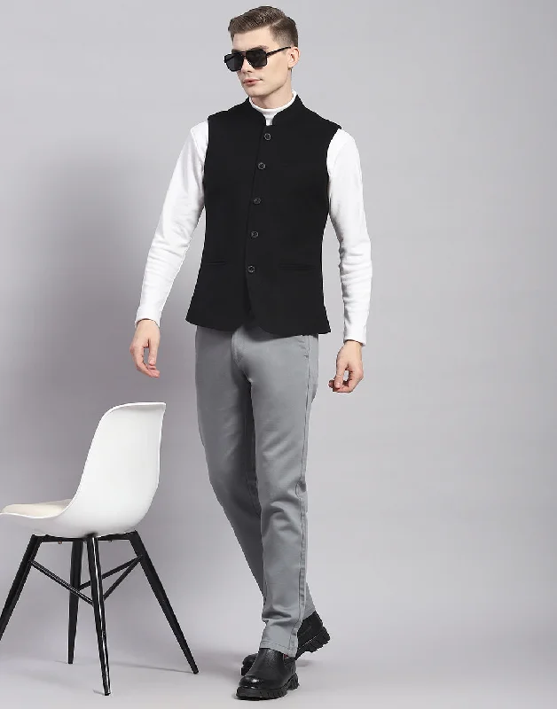 Contemporary Basics Men Black Solid Mandarin Collar Sleeveless Nehru Jacket