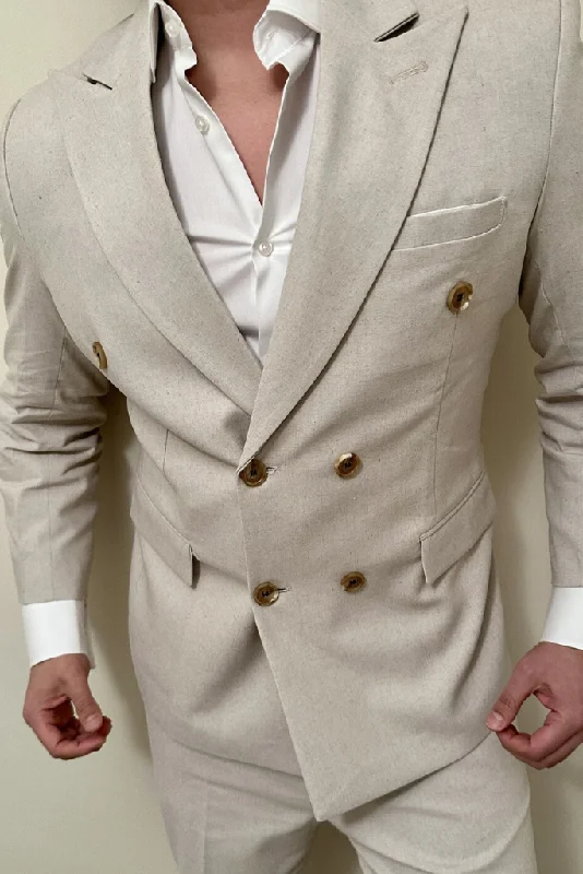 Modern Tailored Double Breasted Suit Beige Two Piece Suit Formal Dinner Suit Wedding Suit Bespoke For Men