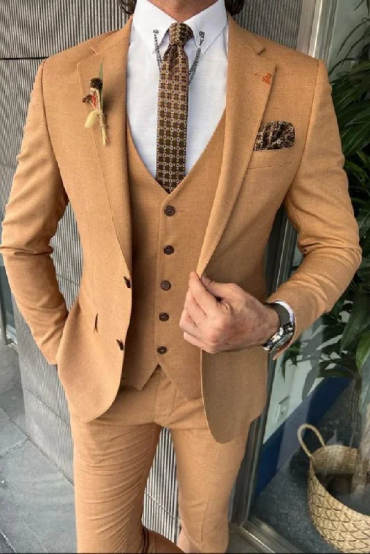 Relaxed Outdoors Men 3 Piece Camel Brown Suit Wedding Slim fit Suit Formal Fashion Suit Dinner Suit, Party Wear Suit For Men