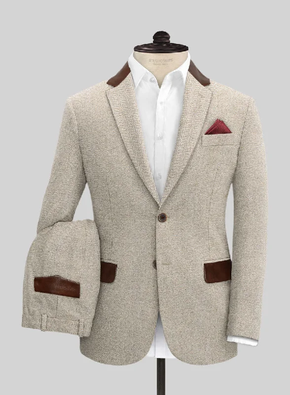 Contemporary Relaxed Vintage Herringbone Light Beige Tweed Suit - Leather Trims