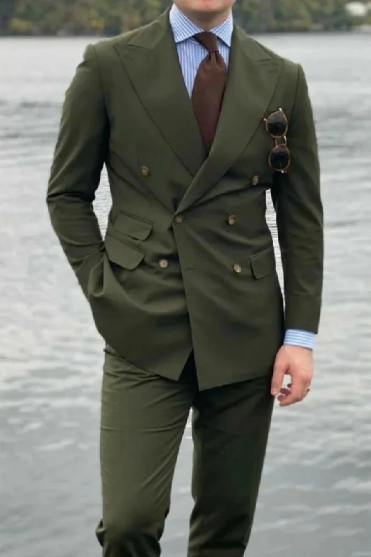 Relaxed Denim Men Green Suits Double Breasted Wedding Dinner Party Wear Suits (Coat+Pants)