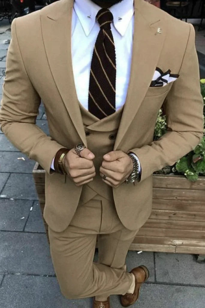 Soft Monochrome MEN SUITS 3 PIECE Camel Brown Formal Fashion Elegant Party Wear Prom Dinner Wedding Groom Slim Fit Party Wear Suit