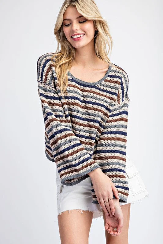 Striped Crochet Knit Long Sleeve Sweater