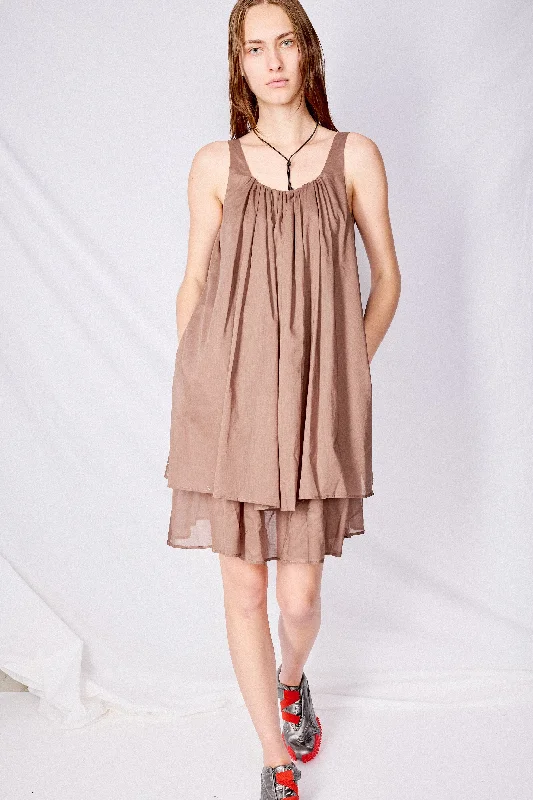 Timeless Sporty Celebrity style Thin design Brown Neck Shirring Sheer Dress