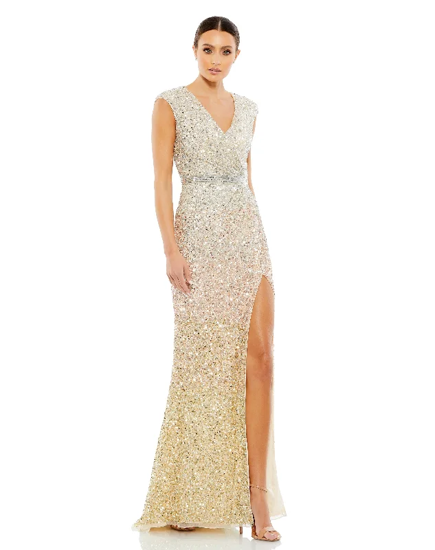 Cap Sleeve Sequined High Slit Gown