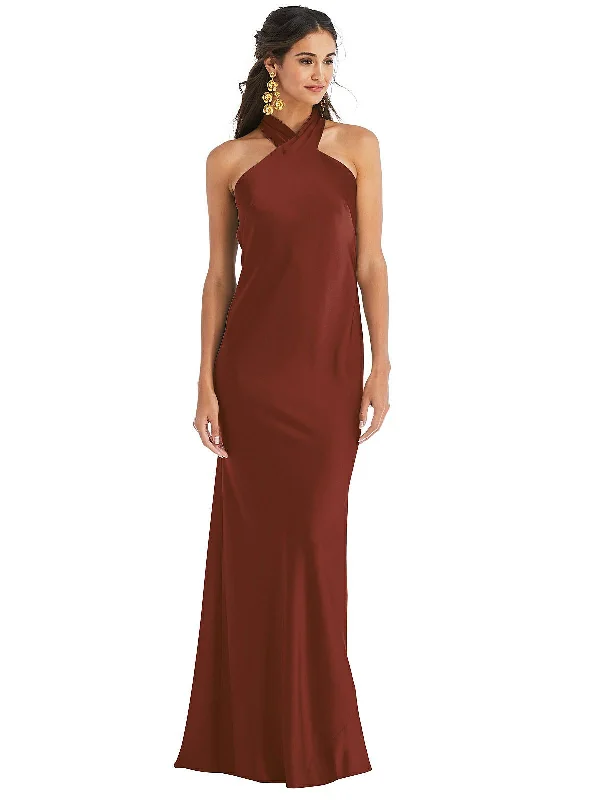 Contemporary Basics Luxury temperament Elegant and simple Draped Twist Halter Tie-Back Trumpet Gown