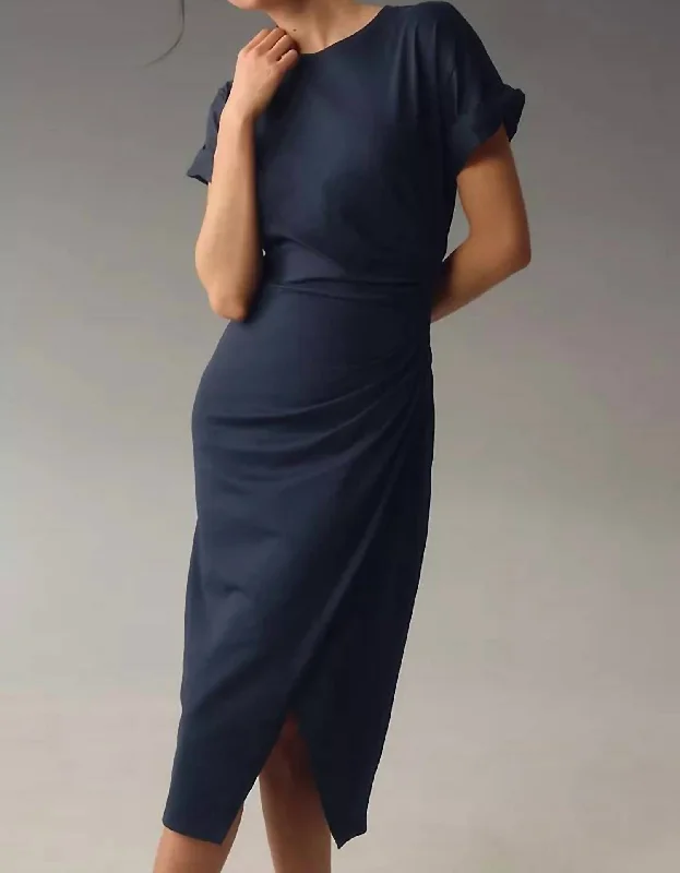 Stylish Patterns Faux Wrap Midi Dress In Navy