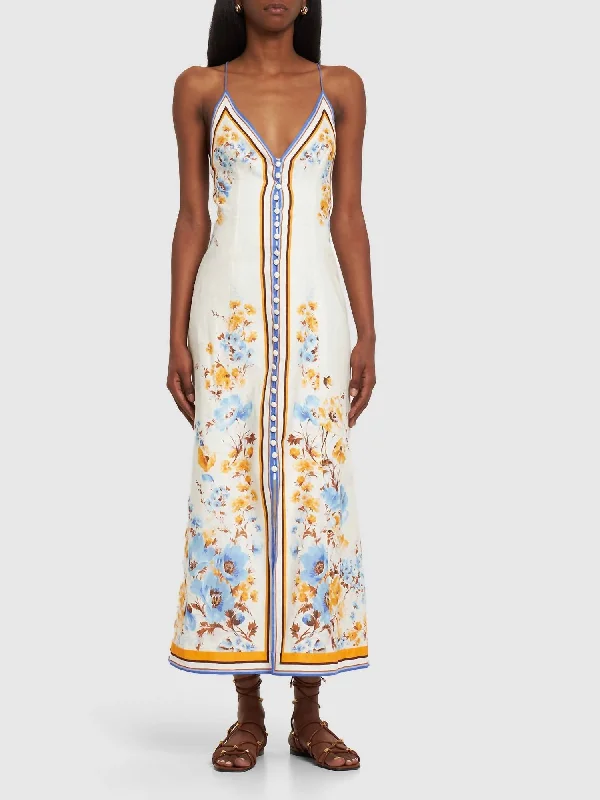 Modern Casual Look Halcyon Printed Linen Maxi Slip Dress In Orange/blue Floral