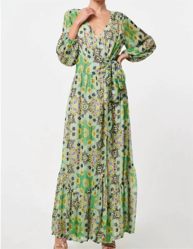 Soft Fitwear Shani Printed Shimmer Maxi Wrap Dress In Green Multi