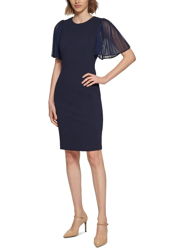 Relaxed Fashion Womens Pleated Sleeves Round Neck Sheath Dress