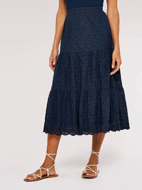 Broderie Tiered Midi Skirt In Navy