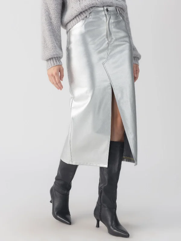 Leather Like Midi Skirt Silver