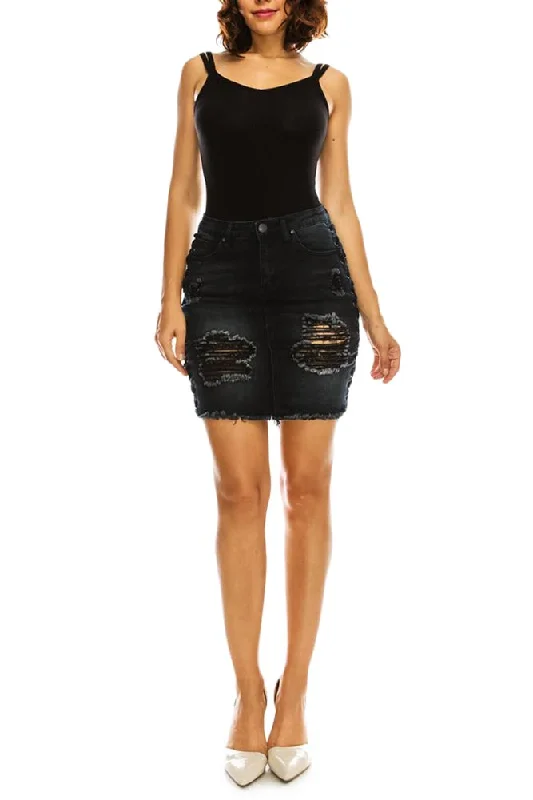 Women's Destroyed Side Lace-Up Denim Skirt