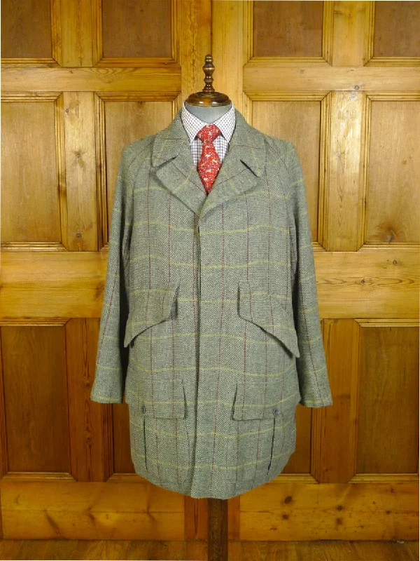 080824/02 amazing 1999 anderson & sheppard savile row bespoke grey wp check tweed field coat w/ tattersall lining 44-45 regular