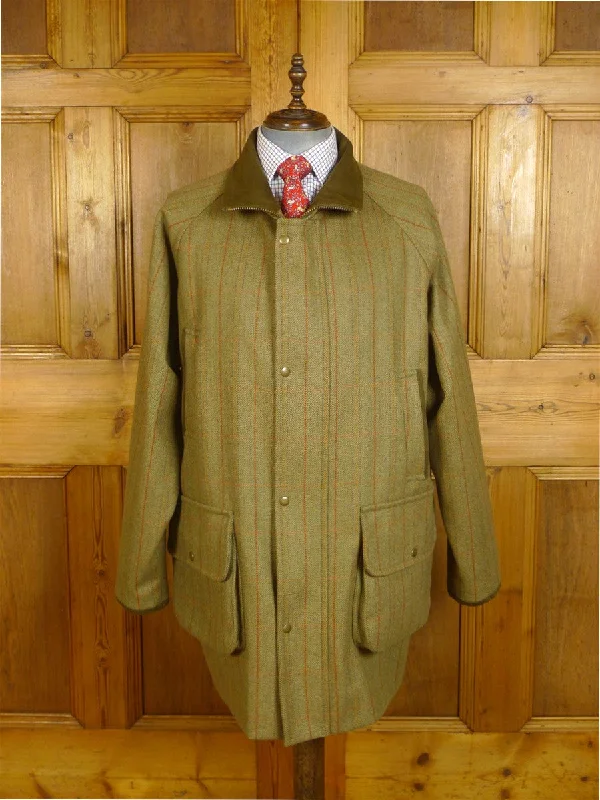 24/1114 fabulous deadstock invertere green wp check tweed field coat w/ suede trims 44-46 regular