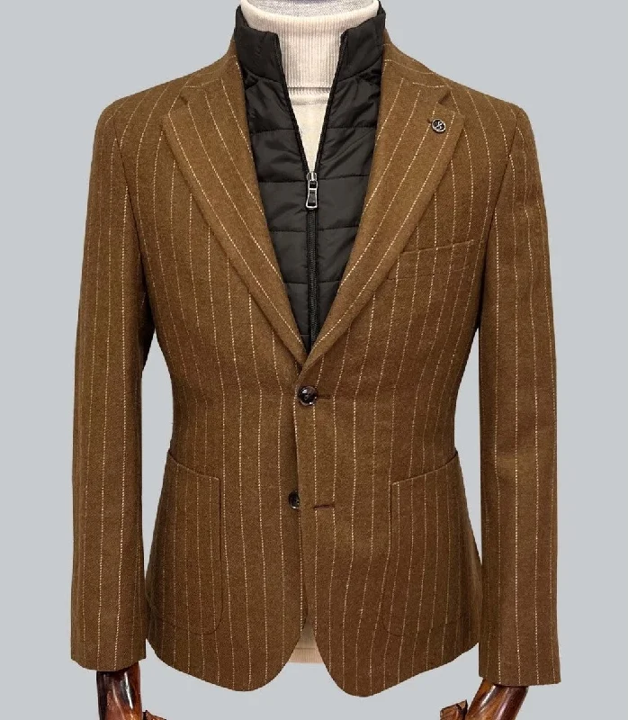 Striped Blazer with Removable Vest Insert  - Camel