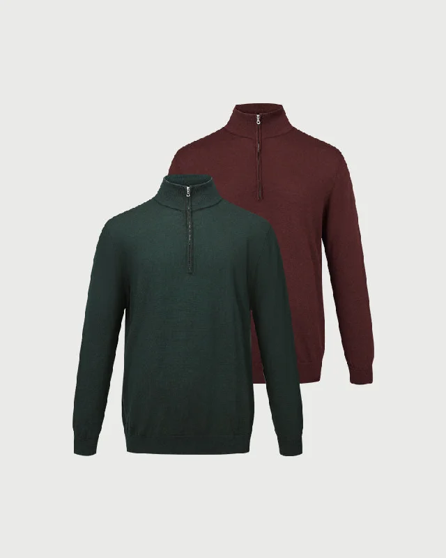 2pk Kvist Merino 3/4-Zip Green + Burgundy