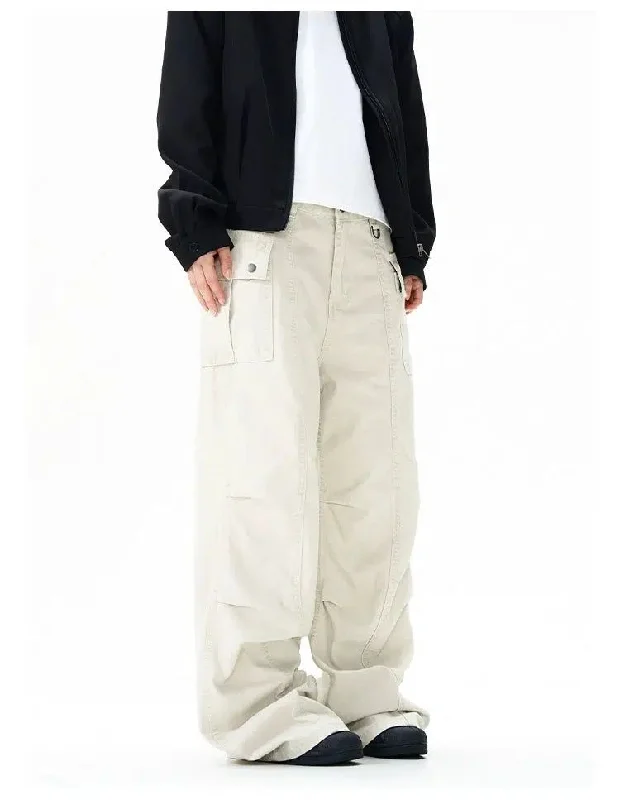 Elevated Monochrome Street-Friendly Wear Slim Trousers Distressed Pleats Cargo Pants