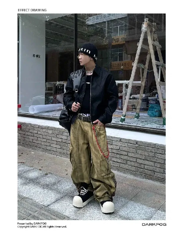 Elegant Prints Cool Gear Warm Jackets Dirty-Dyed Straight Baggy Cargo Pants