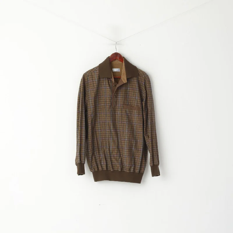 Walbusch Lanella Men 52 L Jumper Brown Check Cotton Collar Retro Classic Blouse Top