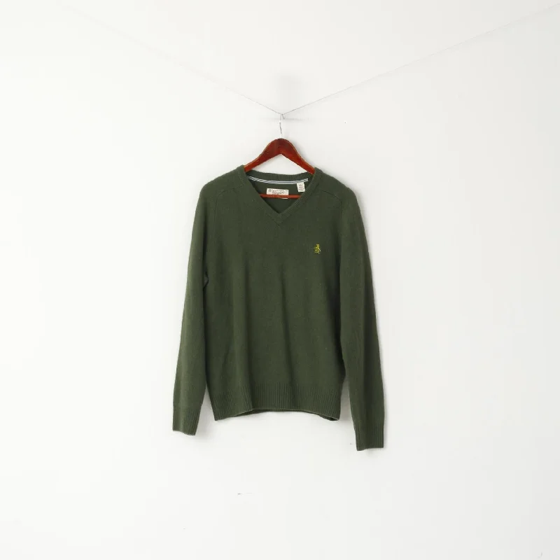 Original Penguin Mens 2XL (M) Jumper Green V Neck Sweater 100% Wool Top