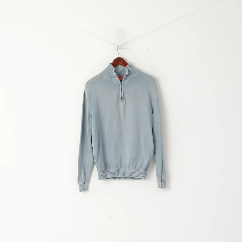 Clean Utility Sport Chic Street Shorts Hugo Boss Men L (S) Jumper Blue Cotton Faded Zip Neck Classic Plain Sweater