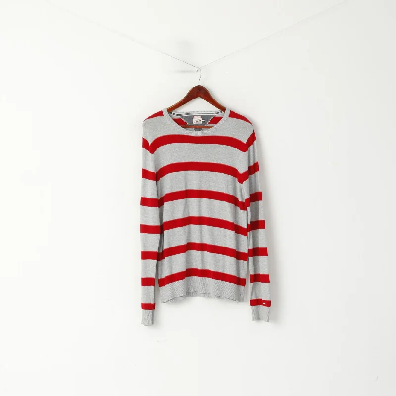 Monochrome Essentials Lightweight T-shirts Leather Sneakers Hilfiger Denim Men L (M) Jumper Grey Red Cotton Striped Crew Neck Sweater