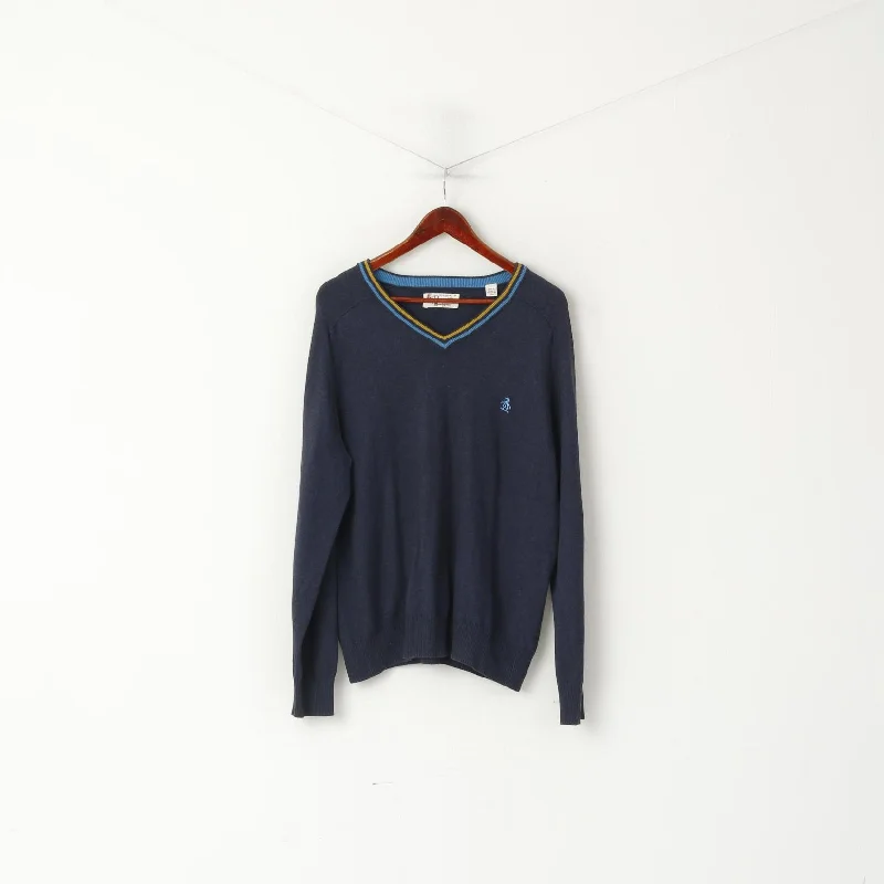 Cozy Layers Relaxed Casuals Funky T-shirts Original Penguin Men XL Jumper Navy Cotton Cashmere Blend V Neck Logo Sweater