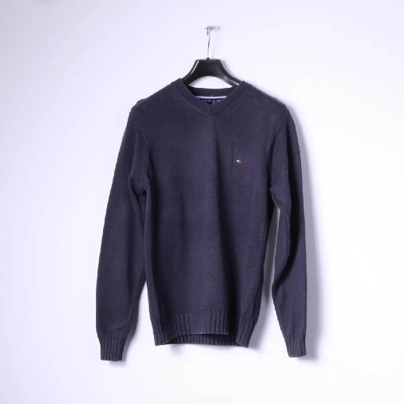 Tommy Hilfiger Mens S Jumper Navy 100% Cotton V Neck Knitwear Top