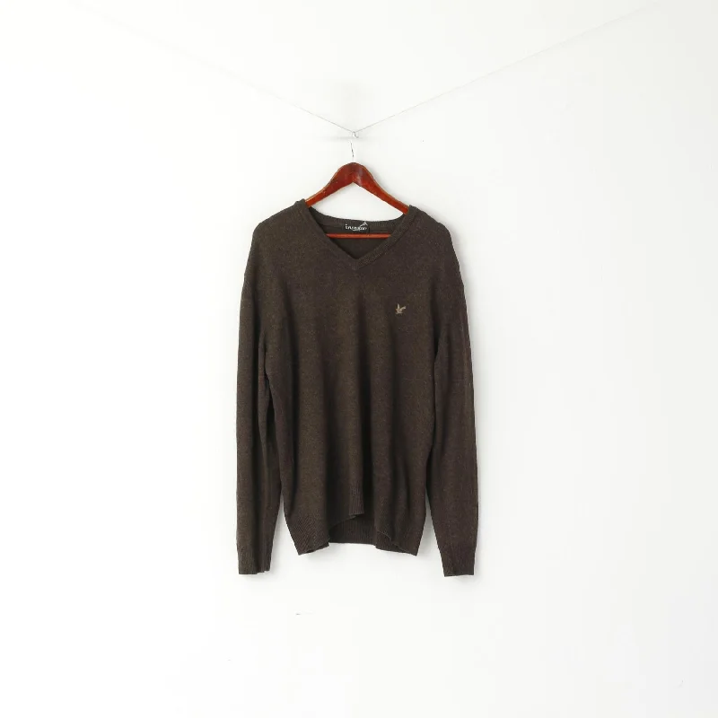 Elevated Monochrome Athletic Gear Casual Blazers Lyle & Scott Heritage Men L Jumper Brown New Wool V Neck Classic Sweater