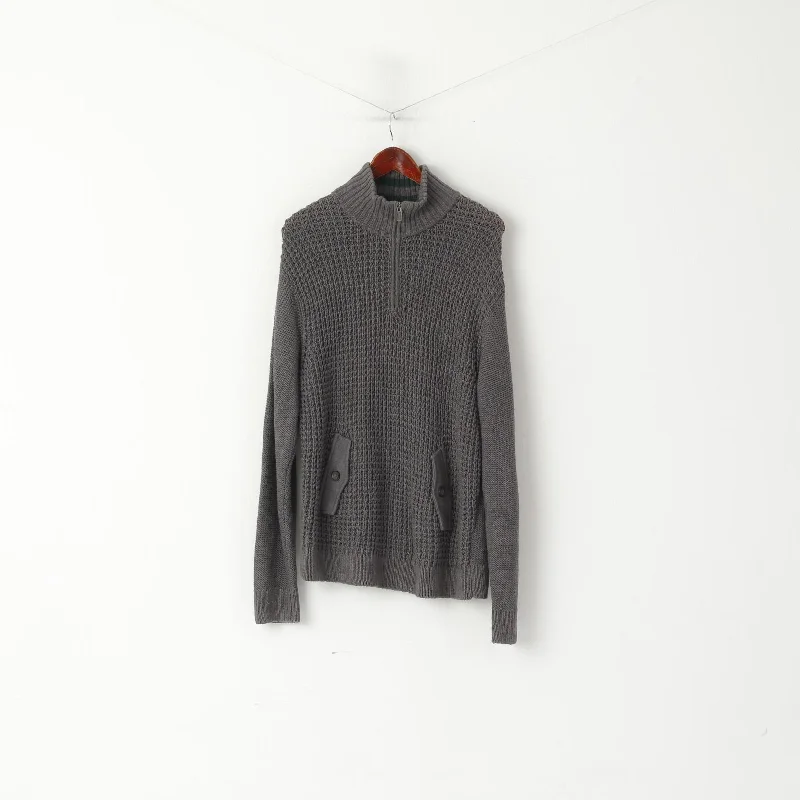 Sporty Elegance Soft Materials Cool Jackets Original Penguin Men L Jumper Grey Cotton Blend Knit Zip Neck Pockets Sweater