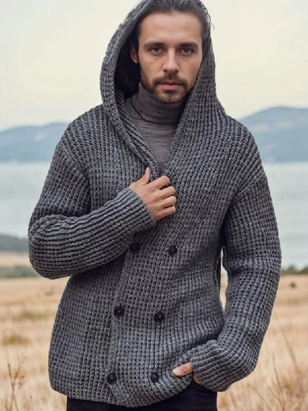 Double-Breasted Hooded Knit Cardigan