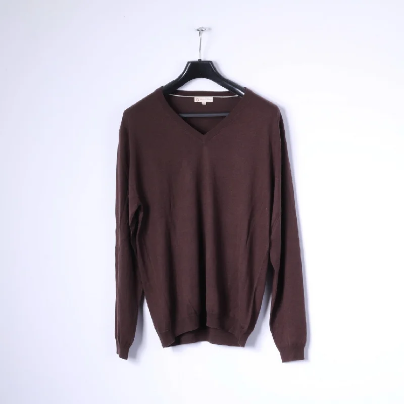 Duca Di Valtorta Men XXL Jumper Brown Silk Cashmere Blend V Neck Classic Sweater