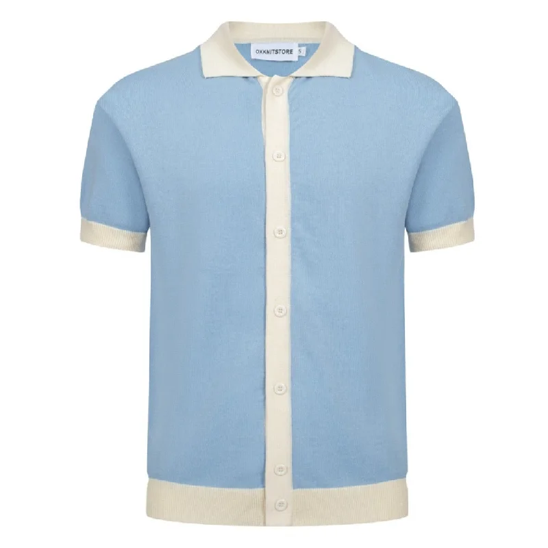 Men's Light Blue Knitted Polo With Off White Neck