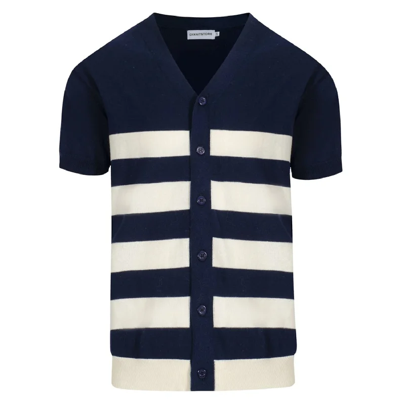 Men's Navy Blue and White Wide Striped V-Neck Knitted Short-Sleeved Cardigan