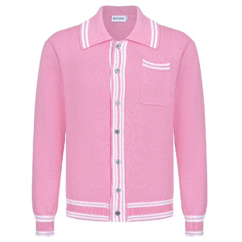 Men's Pink Knitted Long Sleeves Polo With Apricot Lines