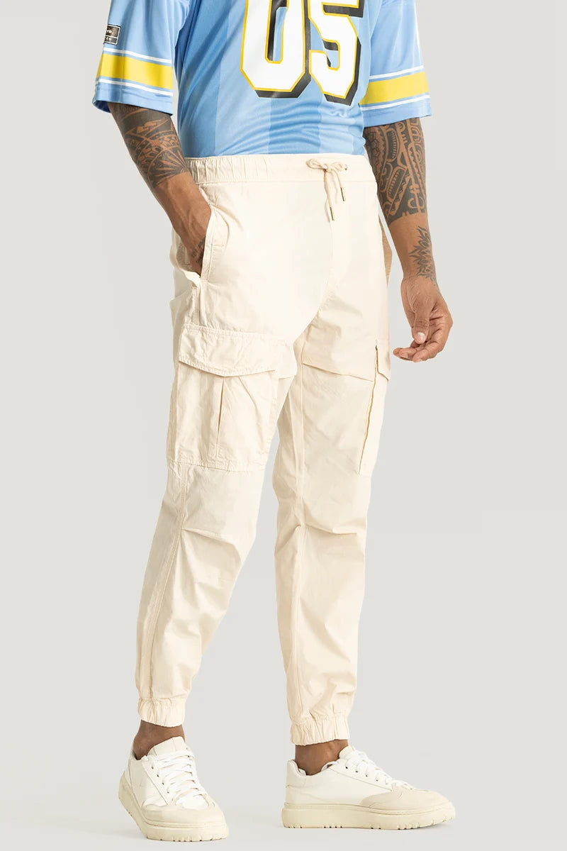 Realm Cream Plain Regular Fit Cargo Pants