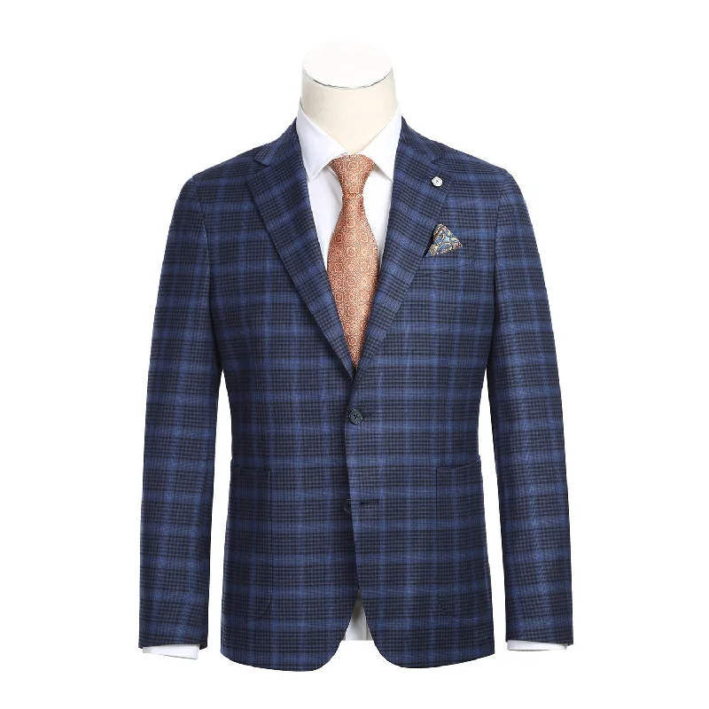 Single Breasted SLIM FIT Half Canvas Knit Soft Jacket in Navy and Blue Plaid (Short, Regular, and Long Available) by Pelago