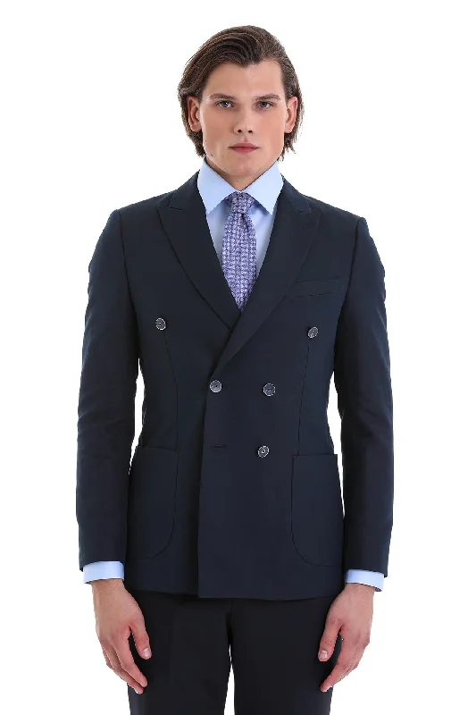 Slim Fit Double Breasted Navy Linen Casual Blazer