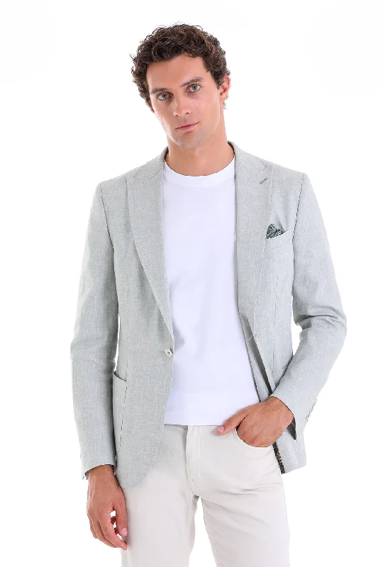 Slim Fit Light Green Peak Lapel Linen Casual Blazer