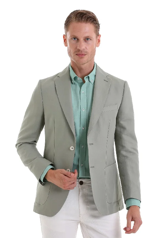 Stylish Tailoring Lightweight T-shirts Cool Jackets Slim Fit Notch Lapel Light Green Linen Casual Blazer