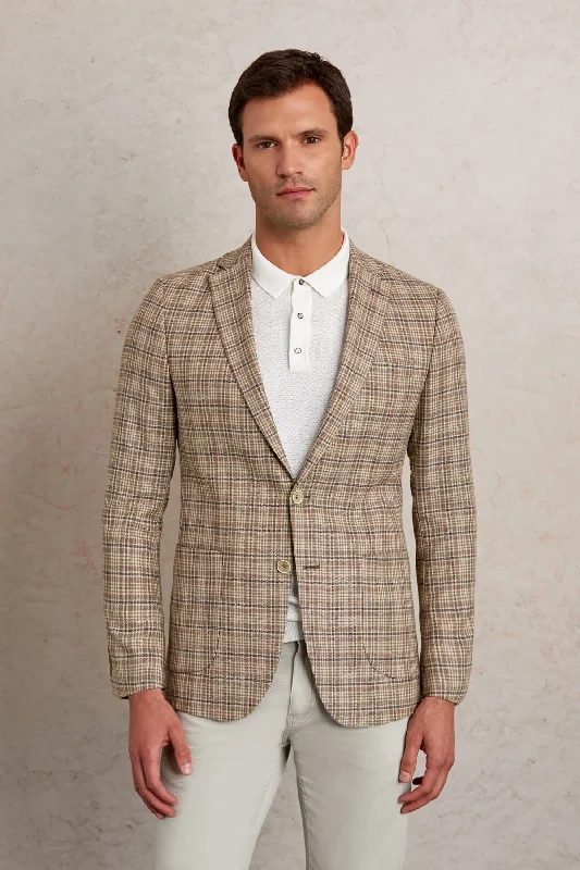 Sleek Neutrals Versatile Knitwear Modern Coats Slim Fit Notch Lapel Plaid Brown Casual Blazer