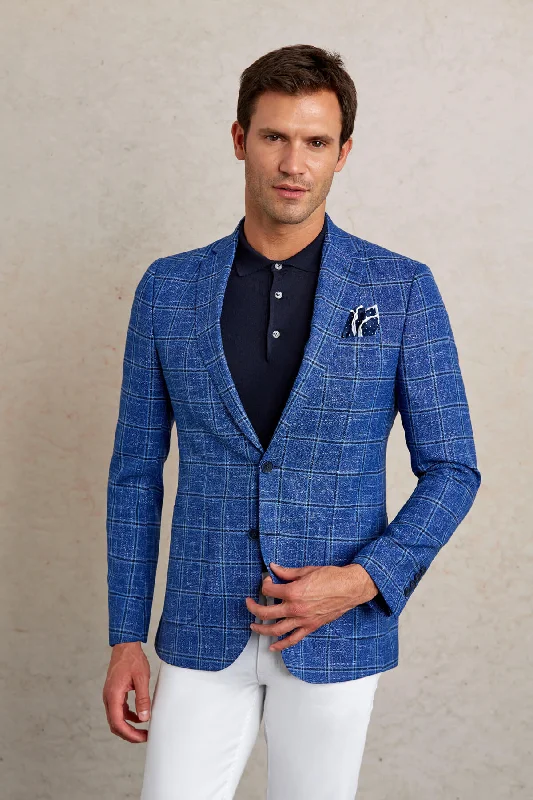 Casual Layers Look Functional Tops Layered Jackets Slim Fit Notch Lapel Plaid Dark Blue Casual Blazer